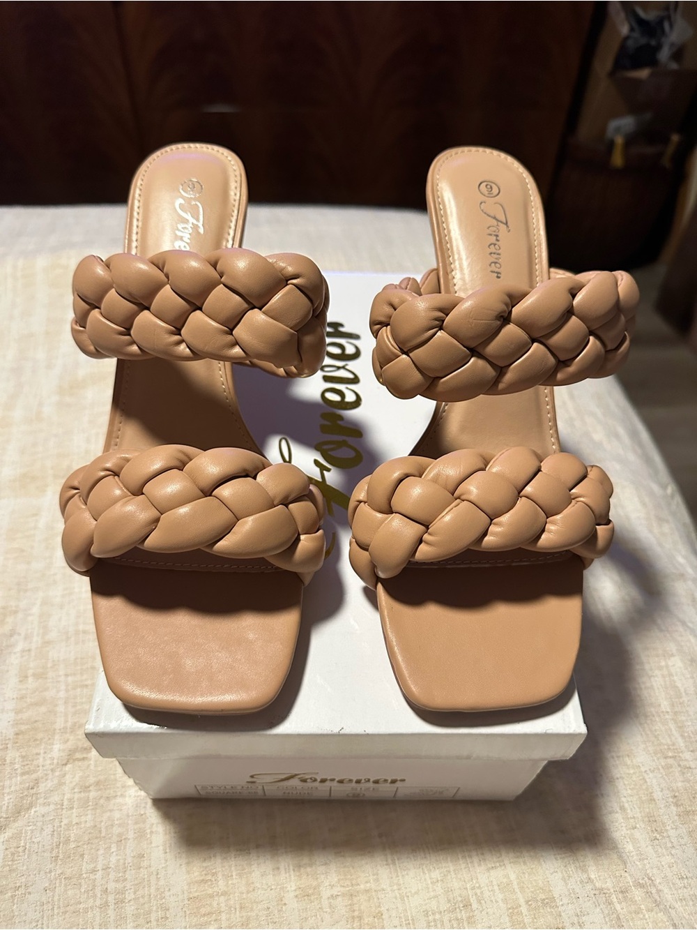 Forever Square 68 Nude Braided Heeled Sandals With Square Toe & Slip-On 4” heel. - Picture 4 of 10